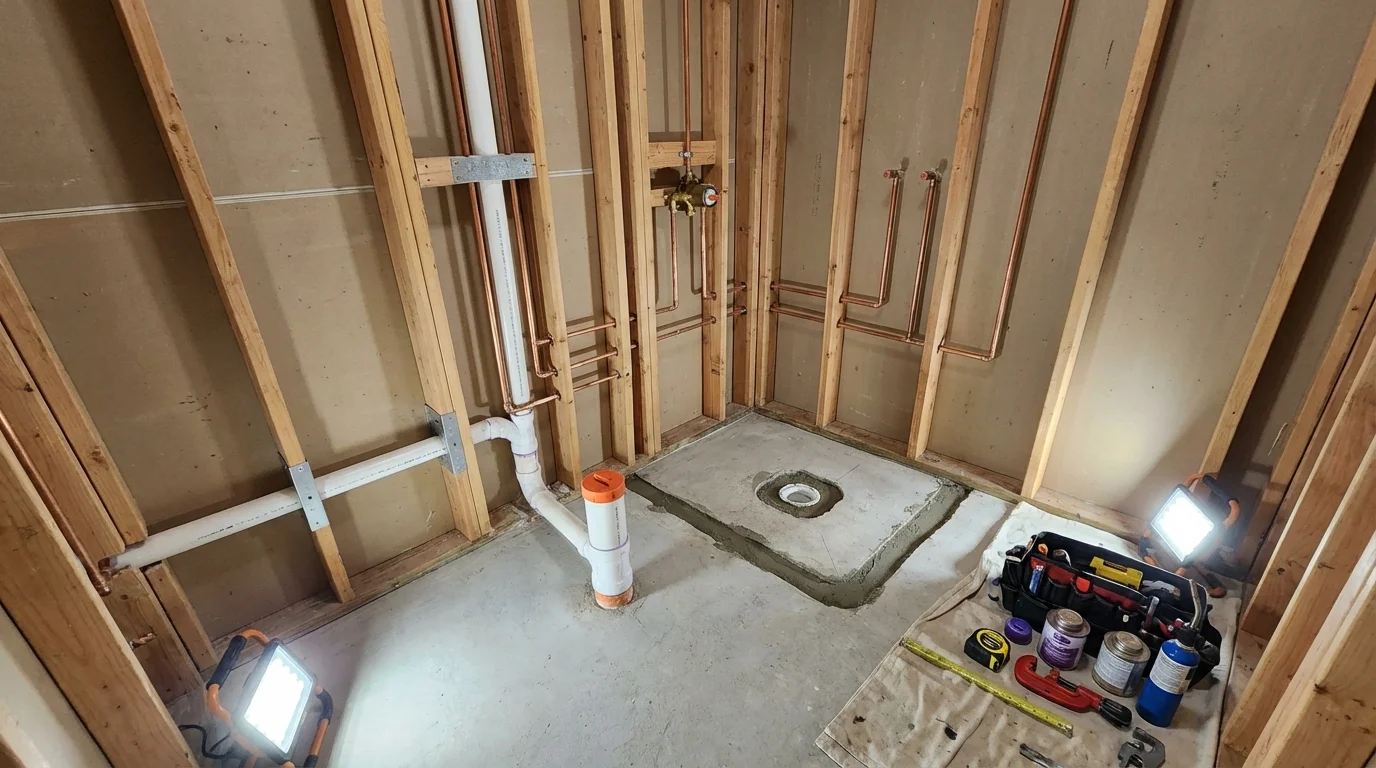 Bathroom rough-in plumbing during remodel by Johns Plumbing LLC in Shasta Lake