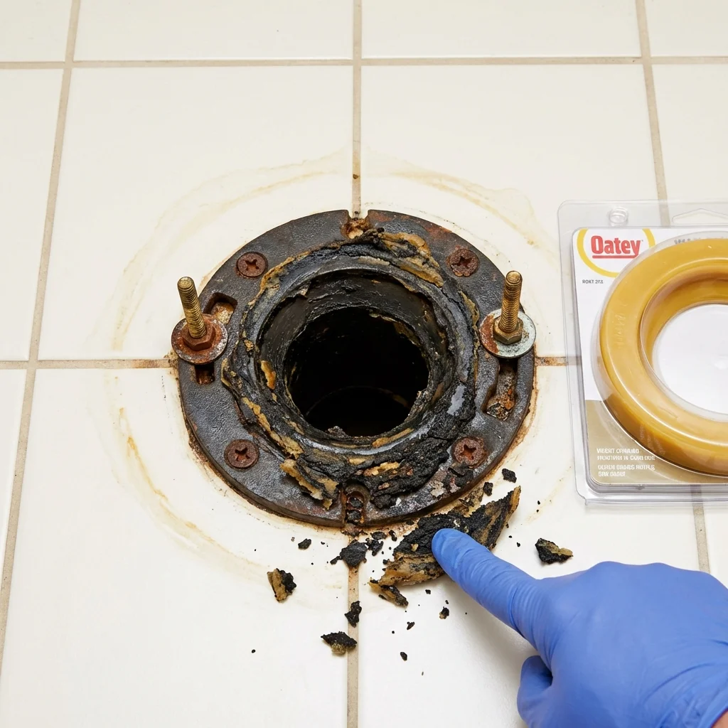 Failed wax ring showing water seepage at the base of a toilet in a Shasta Lake, CA home